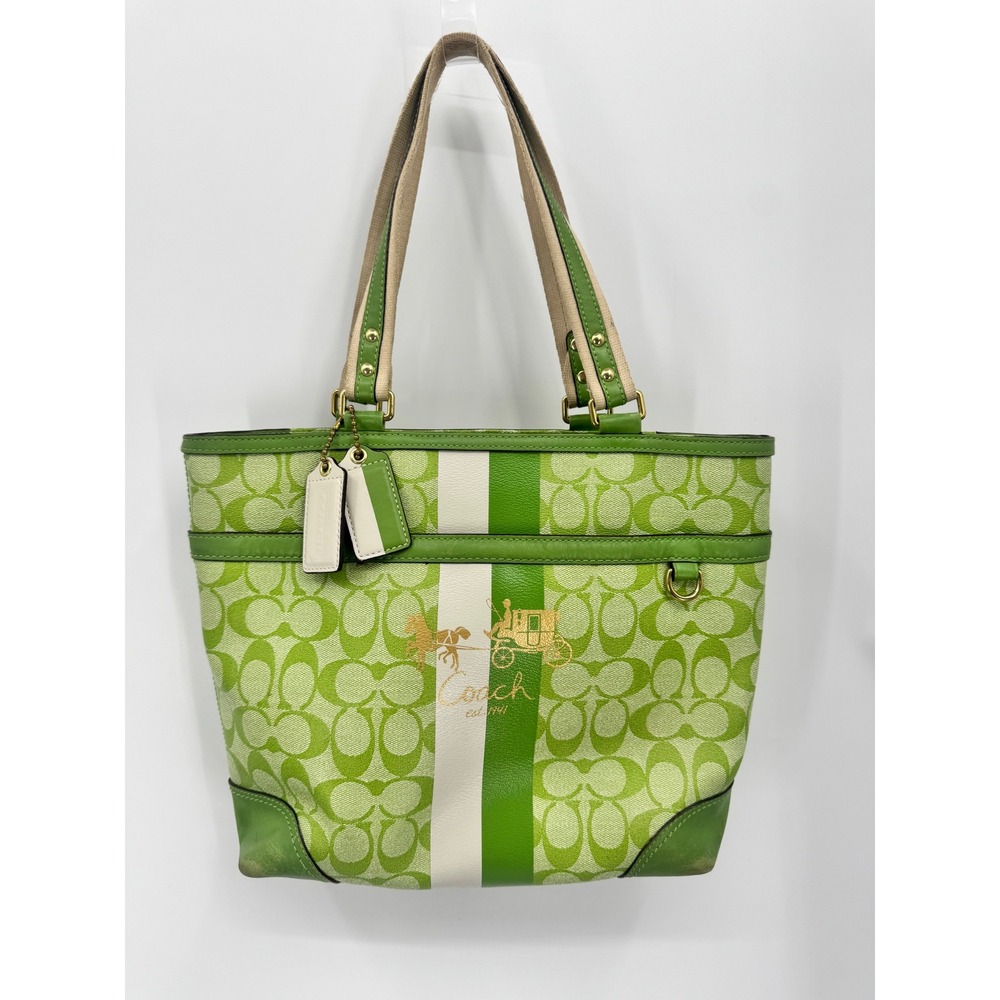 Coach Tote Bag Women Large Green Signature Monogram Vintage 13196